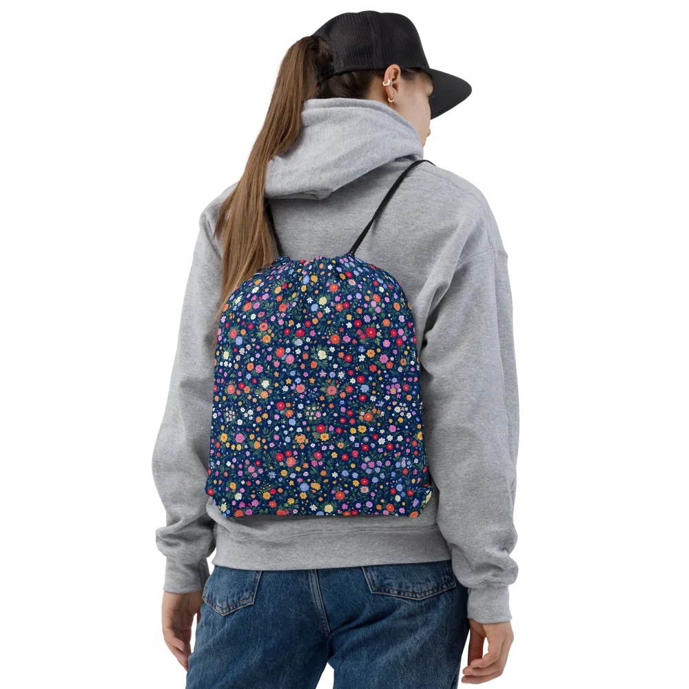 Navy Wildflower on Drawstring Bag — Front