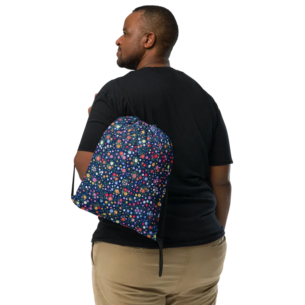 Navy Wildflower on Drawstring Bag — Front