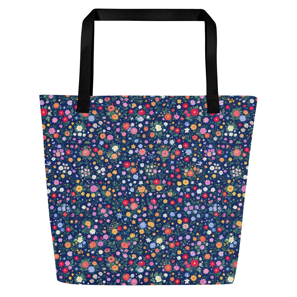Navy Wildflower on Large Tote Bag W/ Pocket — Front