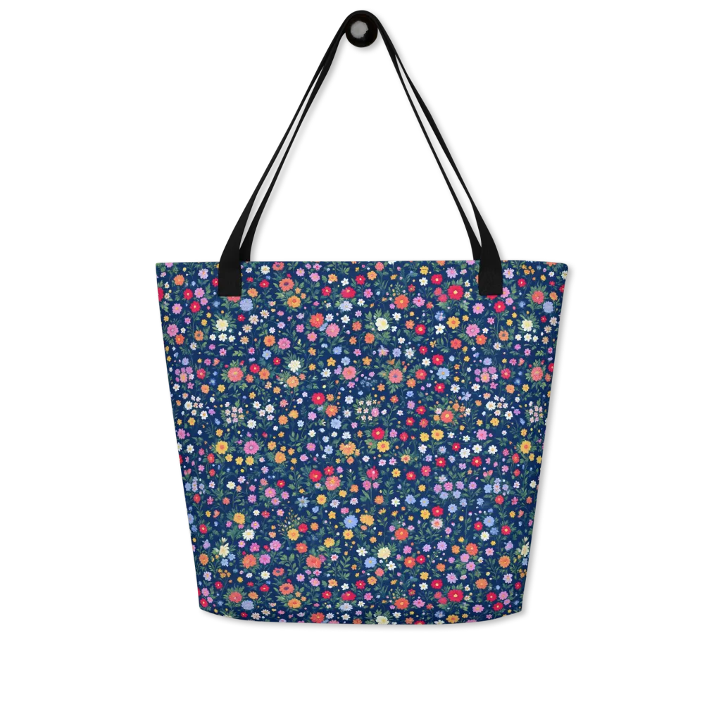 Navy Wildflower on Large Tote Bag W/ Pocket — Front