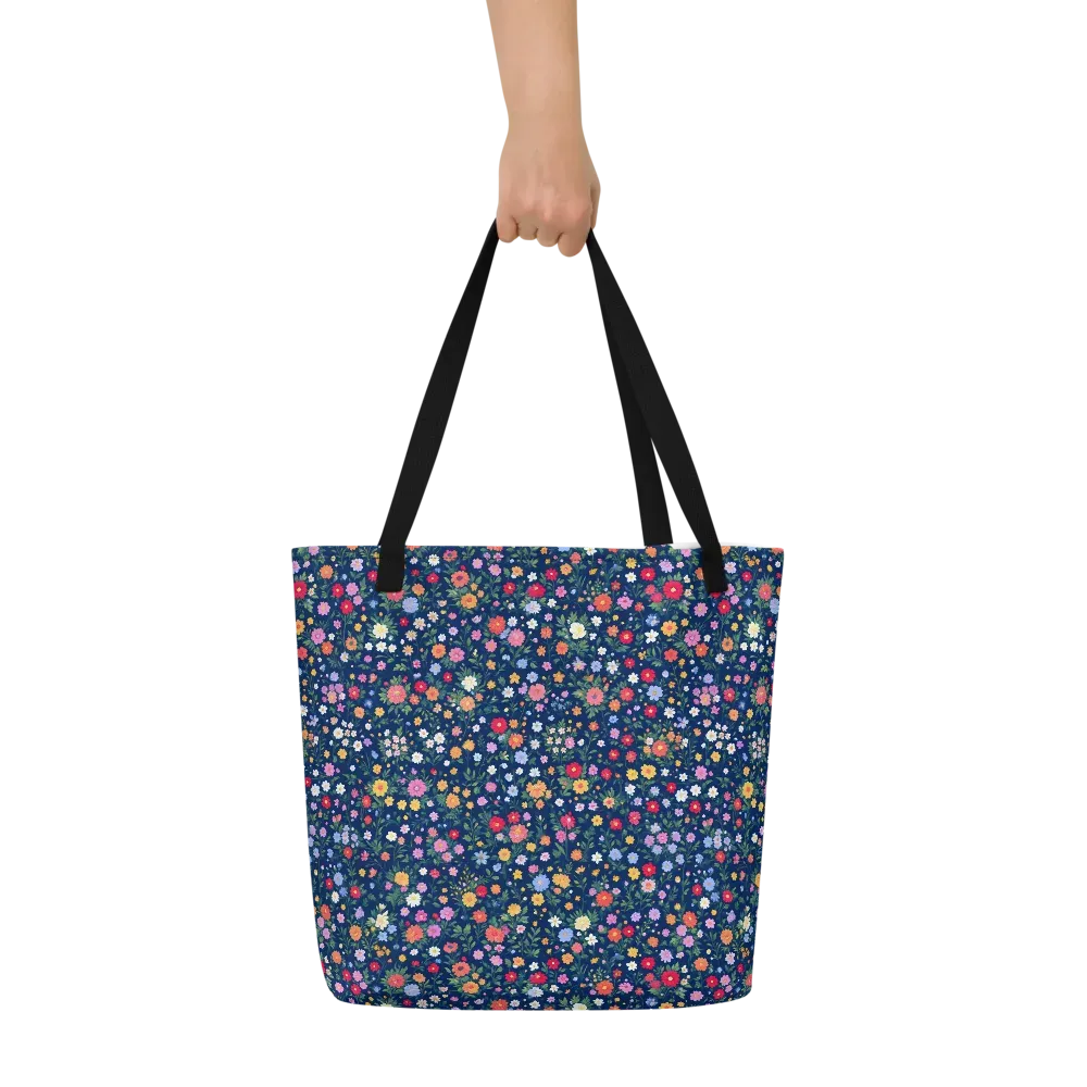 Navy Wildflower on Large Tote Bag W/ Pocket — Front