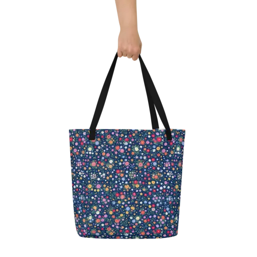 Navy Wildflower on a Large Tote Bag W/ Pocket