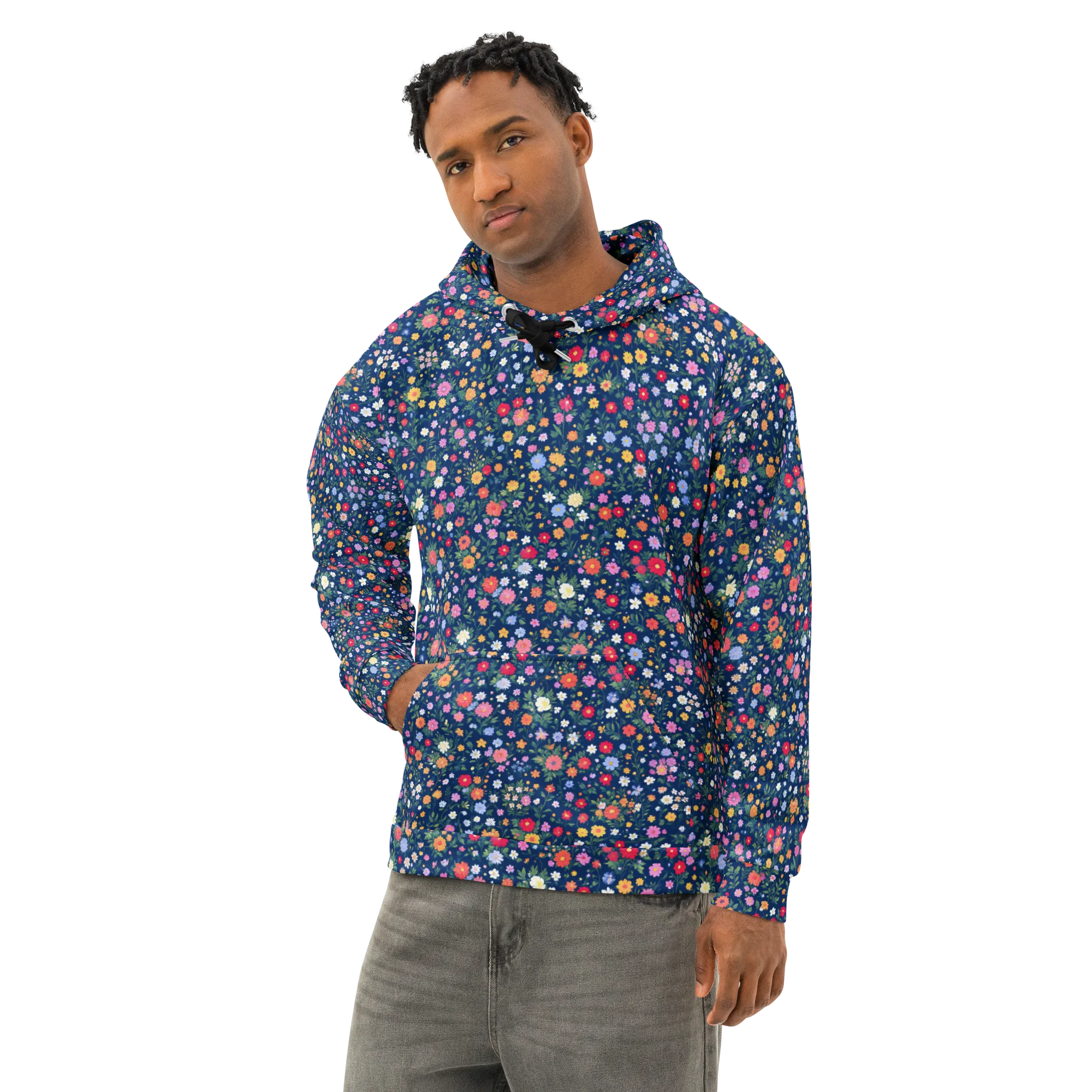 Navy Wildflower on Cotton Hoodie — Left Front