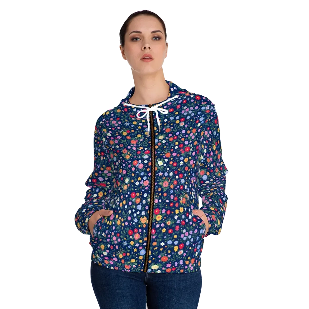 Navy Wildflower on Women's Full-Zip Hoodie — Front On Person