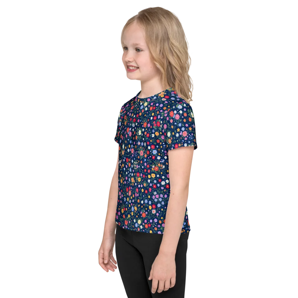 Navy Wildflower on Kids Crew Neck T-Shirt — Left