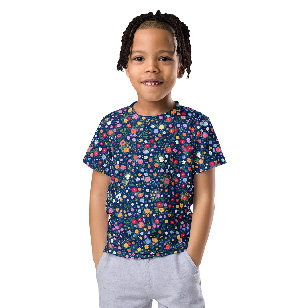 Navy Wildflower on Kids Crew Neck T-Shirt — Front