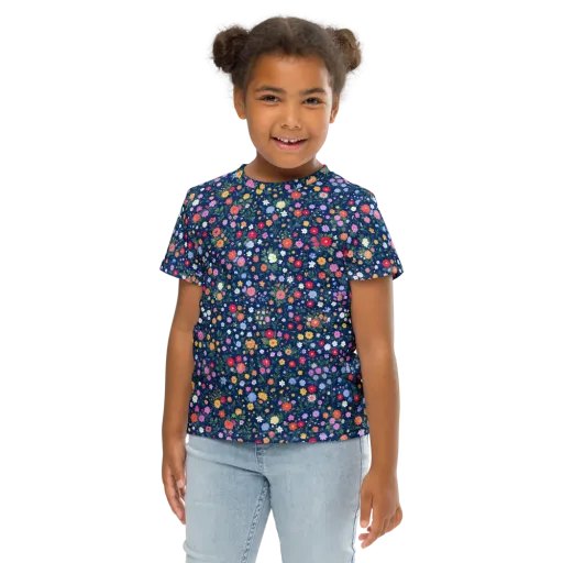 Navy Wildflower on a Kids Crew Neck T-Shirt