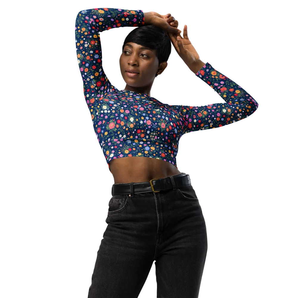 Navy Wildflower on Long Sleeve Crop Top — Front