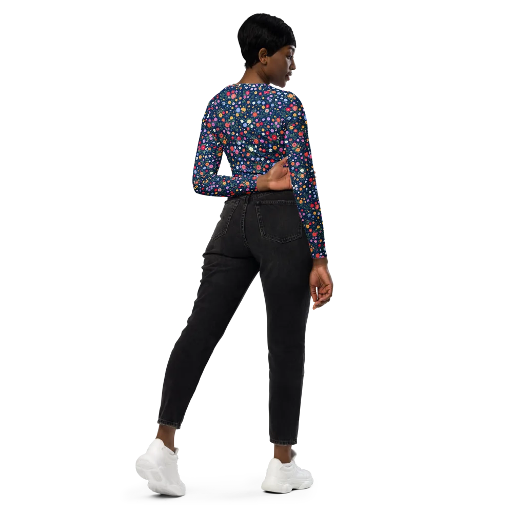 Navy Wildflower on Long Sleeve Crop Top — Right Back
