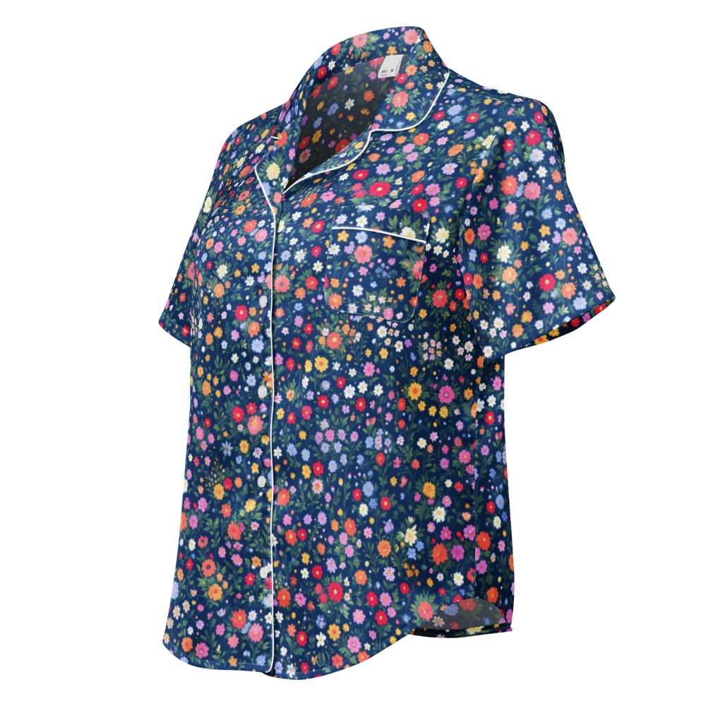 Navy Wildflower on Women's Short Sleeve Pajama Top — Left Front