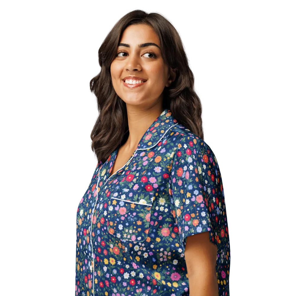 Navy Wildflower on Women's Short Sleeve Pajama Top — Left Front