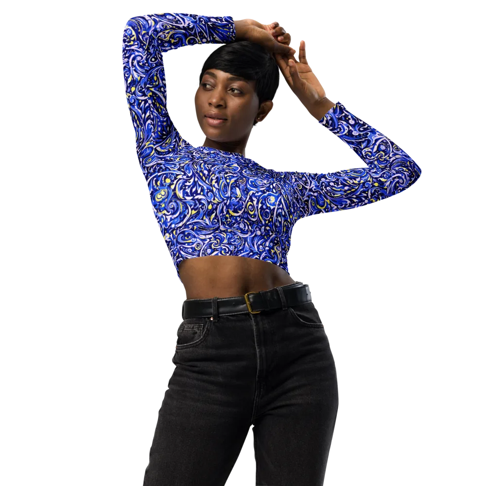 Cobalt Rapture on Long Sleeve Crop Top — Front