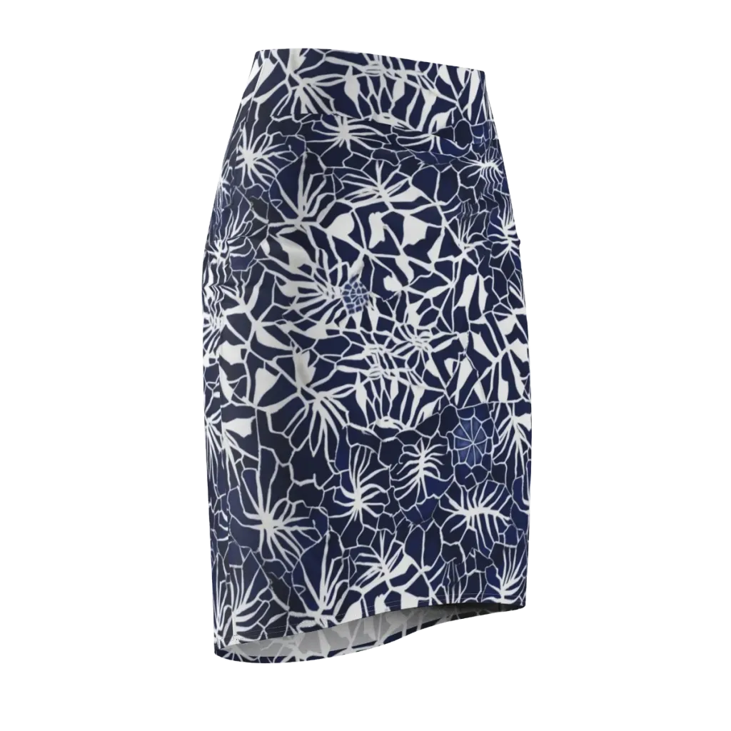 Indigo Bloom on Pencil Skirt — Front Side