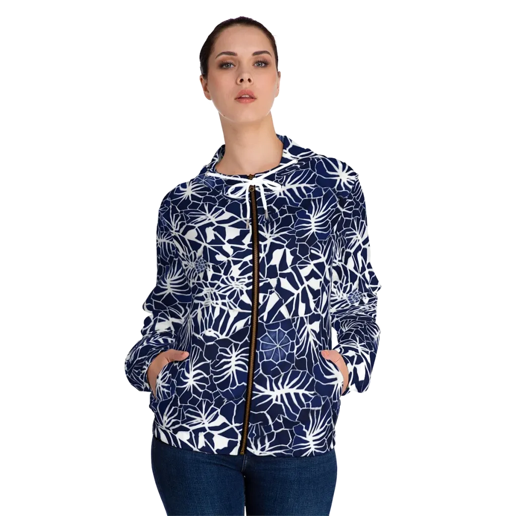 Indigo Bloom on Women's Full-Zip Hoodie — Front On Person