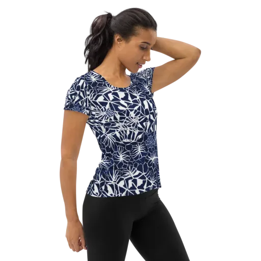 Indigo Bloom on a Women's Athletic T-Shirt