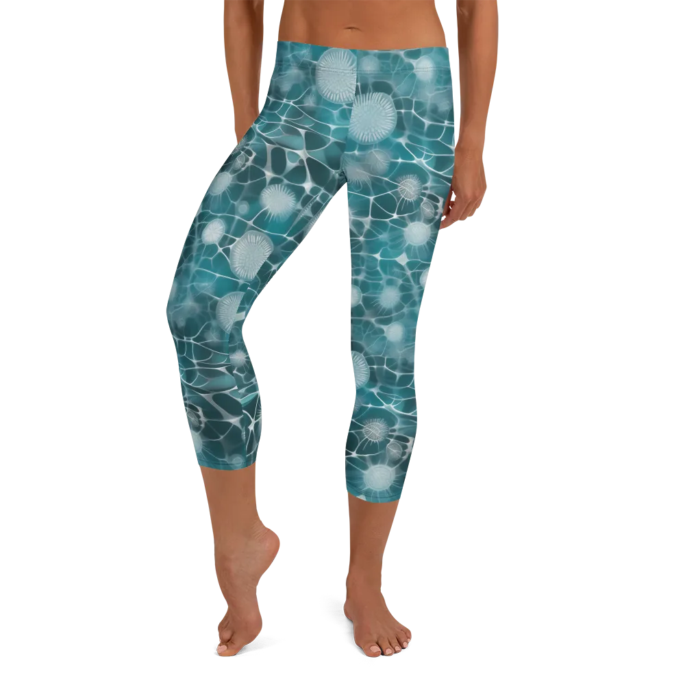Aqua Dandelion on Capri Leggings — Front