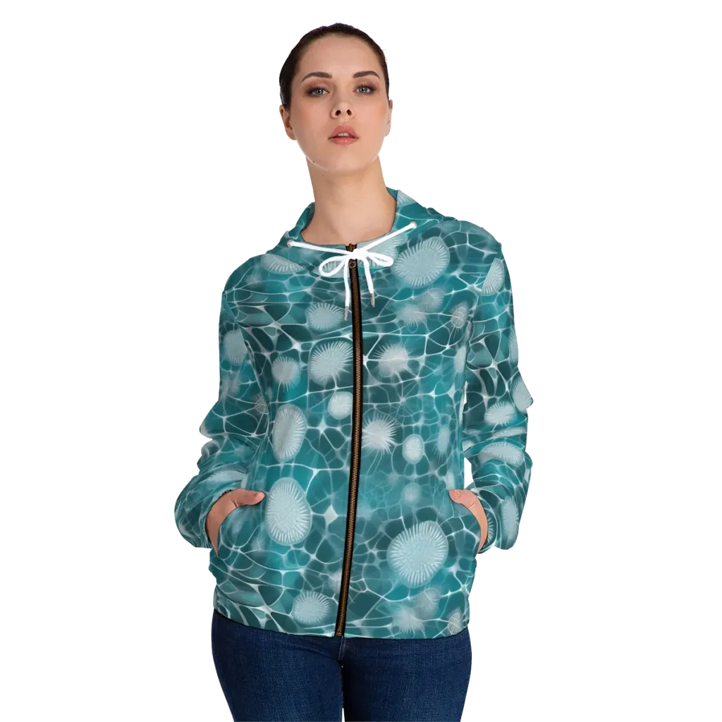 Aqua Dandelion on Women's Full-Zip Hoodie — Front On Person