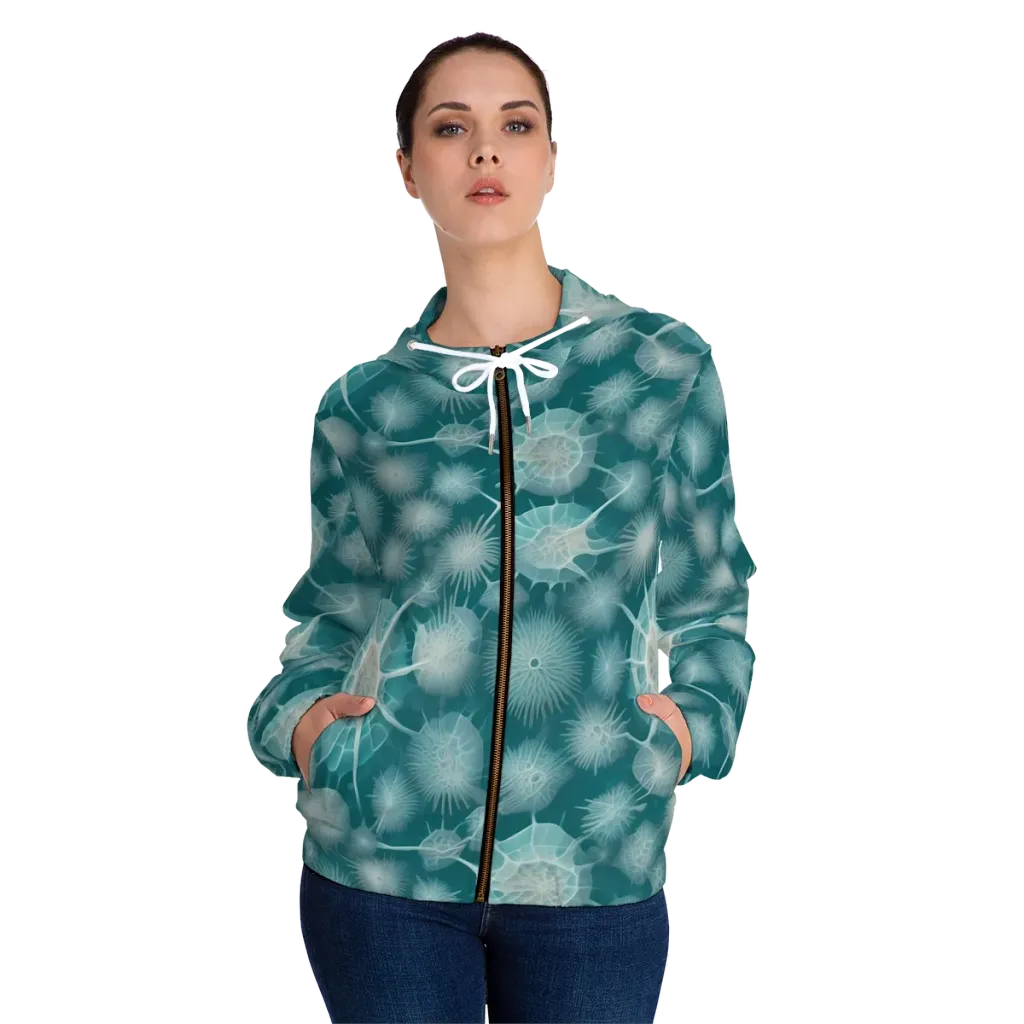 Aqua Radiolaria on Women's Full-Zip Hoodie — Front On Person