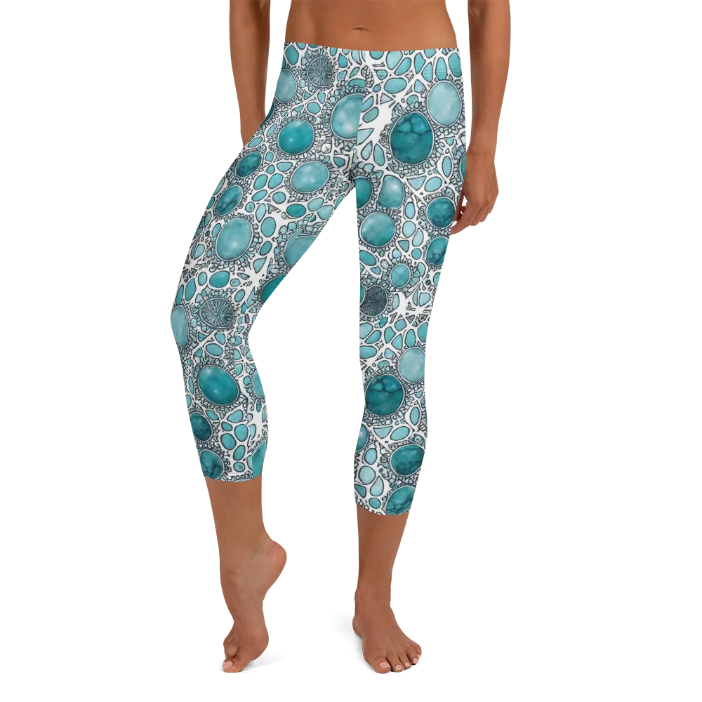 Turquoise Tessellation on Capri Leggings — Front