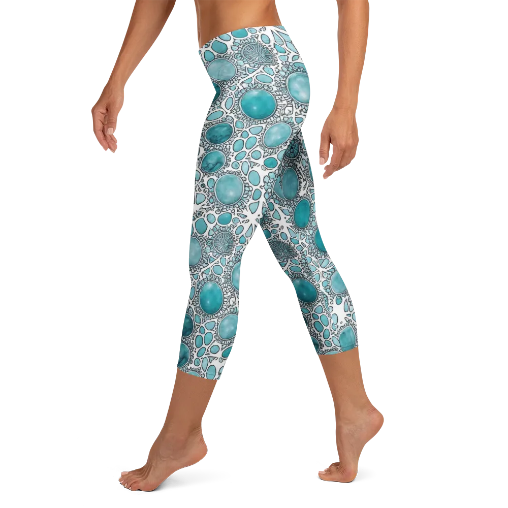 Turquoise Tessellation on Capri Leggings — Left