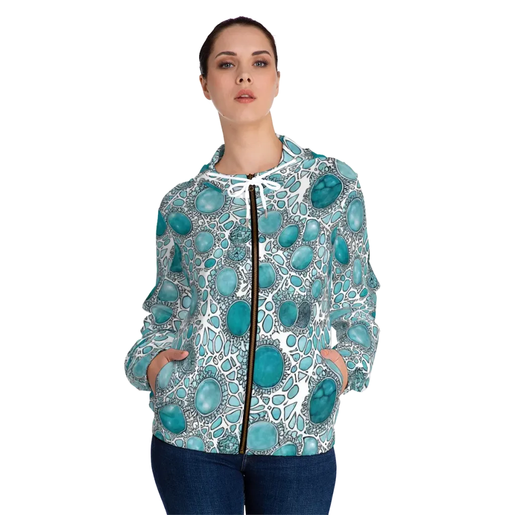 Turquoise Tessellation on Women's Full-Zip Hoodie — Front On Person