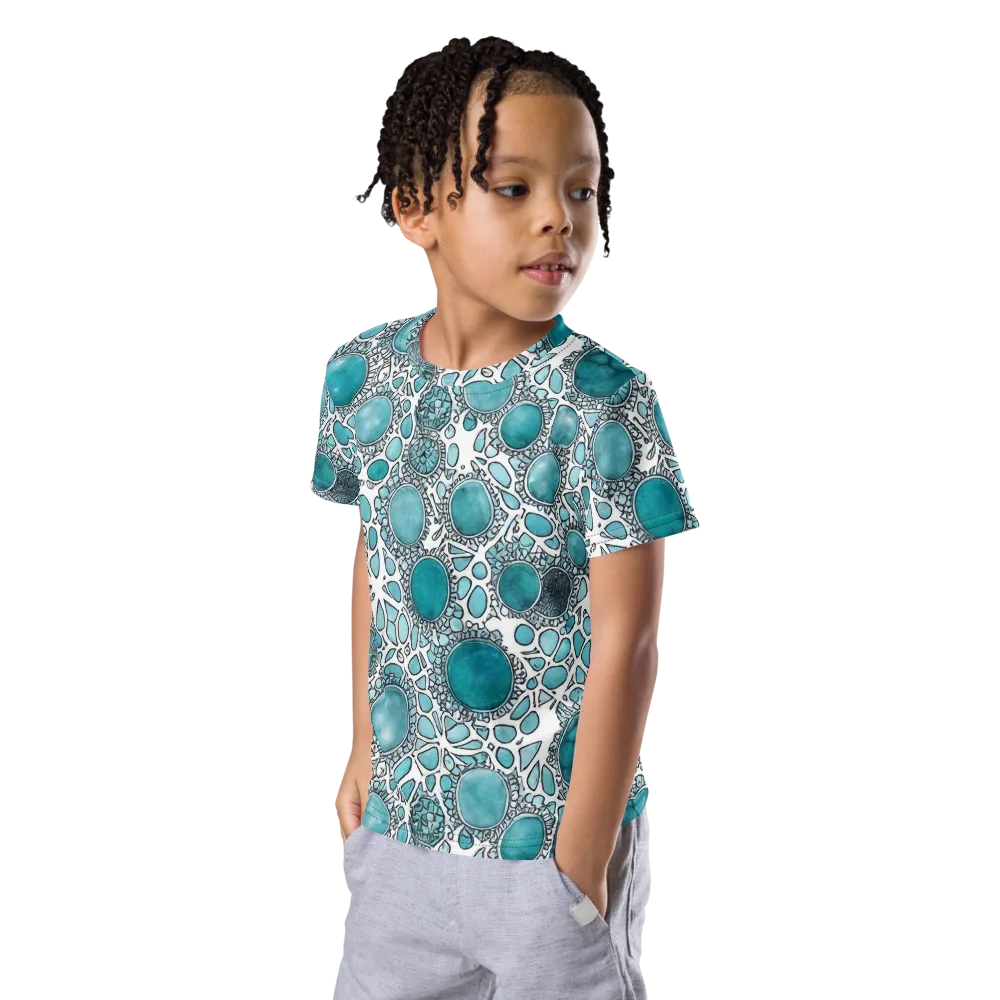 Turquoise Tessellation on Kids Crew Neck T-Shirt — Left Front