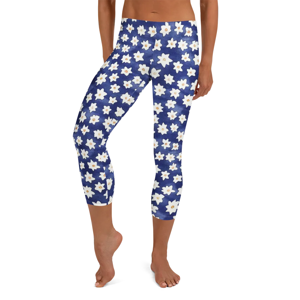 Indigo Blossom Drift on Capri Leggings — Front