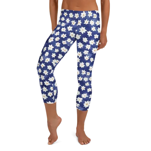 Indigo Blossom Drift on a Capri Leggings