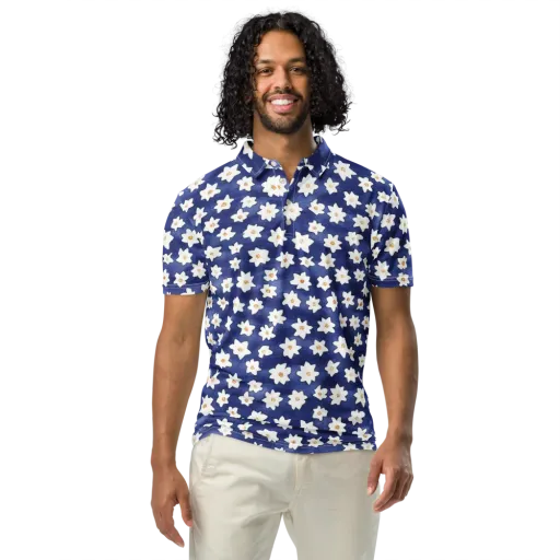 Indigo Blossom Drift on a Men's Slim Fit Polo Shirt