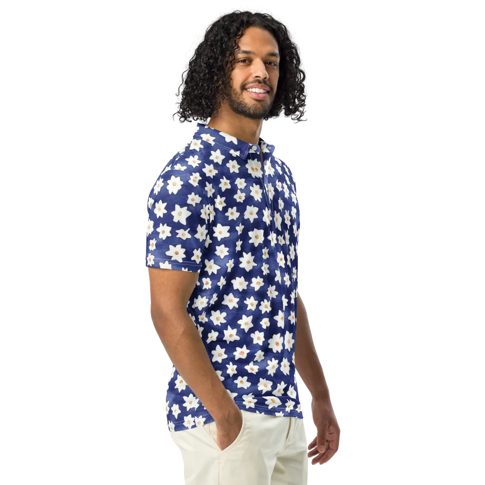 Indigo Blossom Drift on Men's Slim Fit Polo Shirt — Right Front