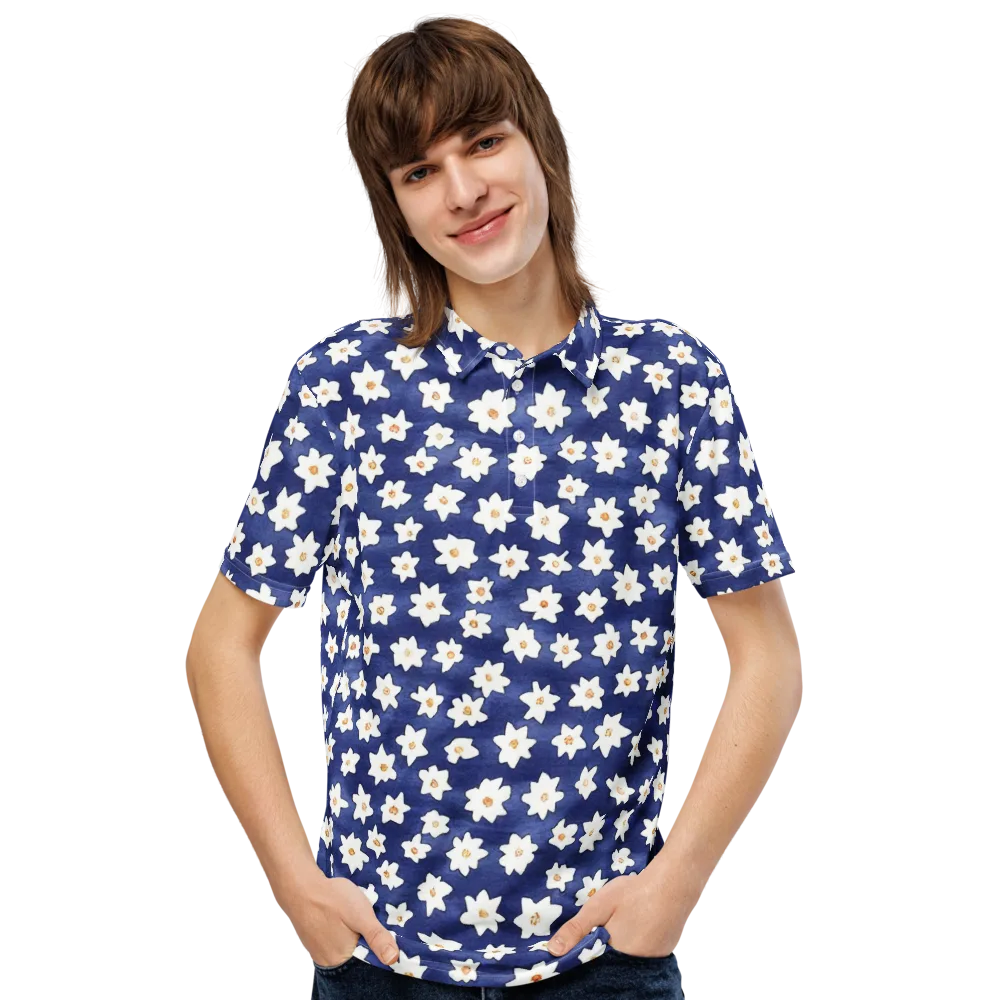 Indigo Blossom Drift on Men's Slim Fit Polo Shirt — Front
