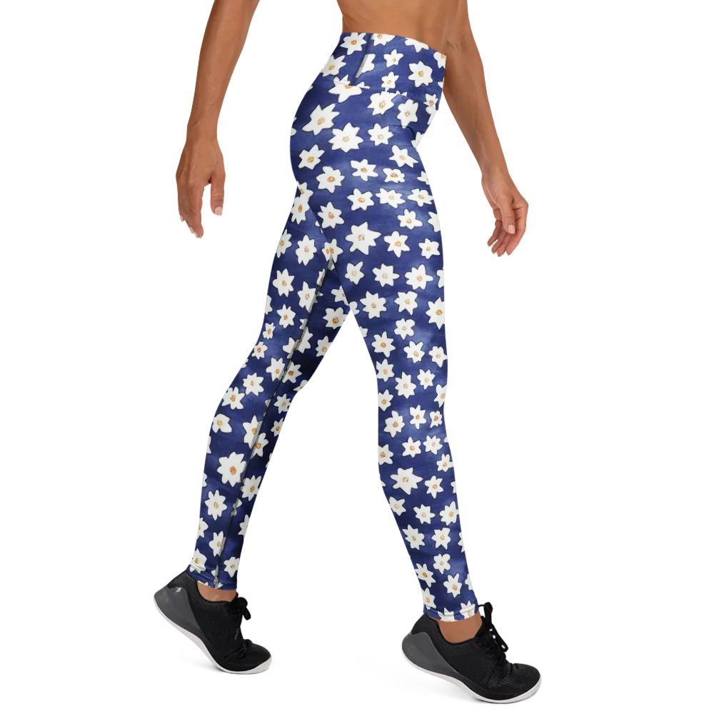 Indigo Blossom Drift on Yoga Leggings — Right