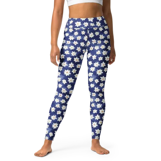 Indigo Blossom Drift on a Yoga Leggings
