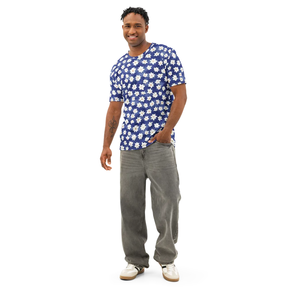 Indigo Blossom Drift on Men's Cotton Crew Neck T-Shirt — Front