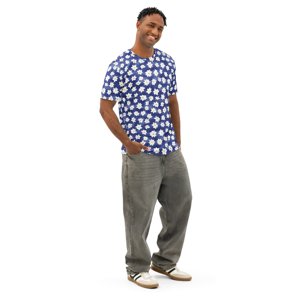 Indigo Blossom Drift on Men's Cotton Crew Neck T-Shirt — Right Front