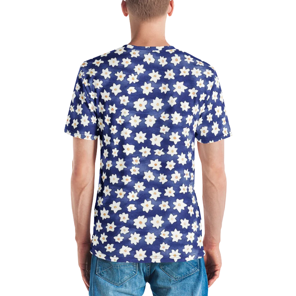 Indigo Blossom Drift on Men's Crew Neck T-Shirt — Back