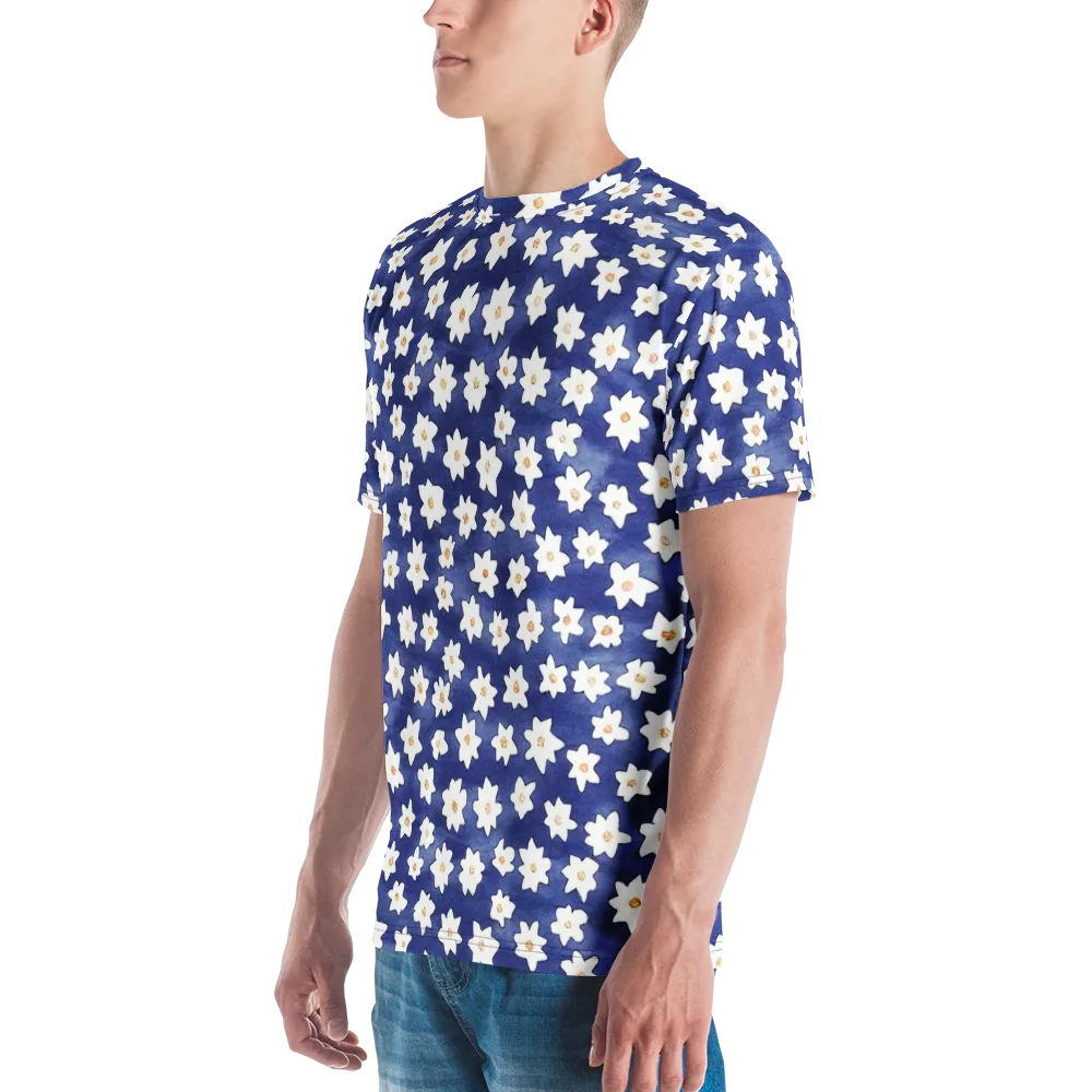 Indigo Blossom Drift on Men's Crew Neck T-Shirt — Left
