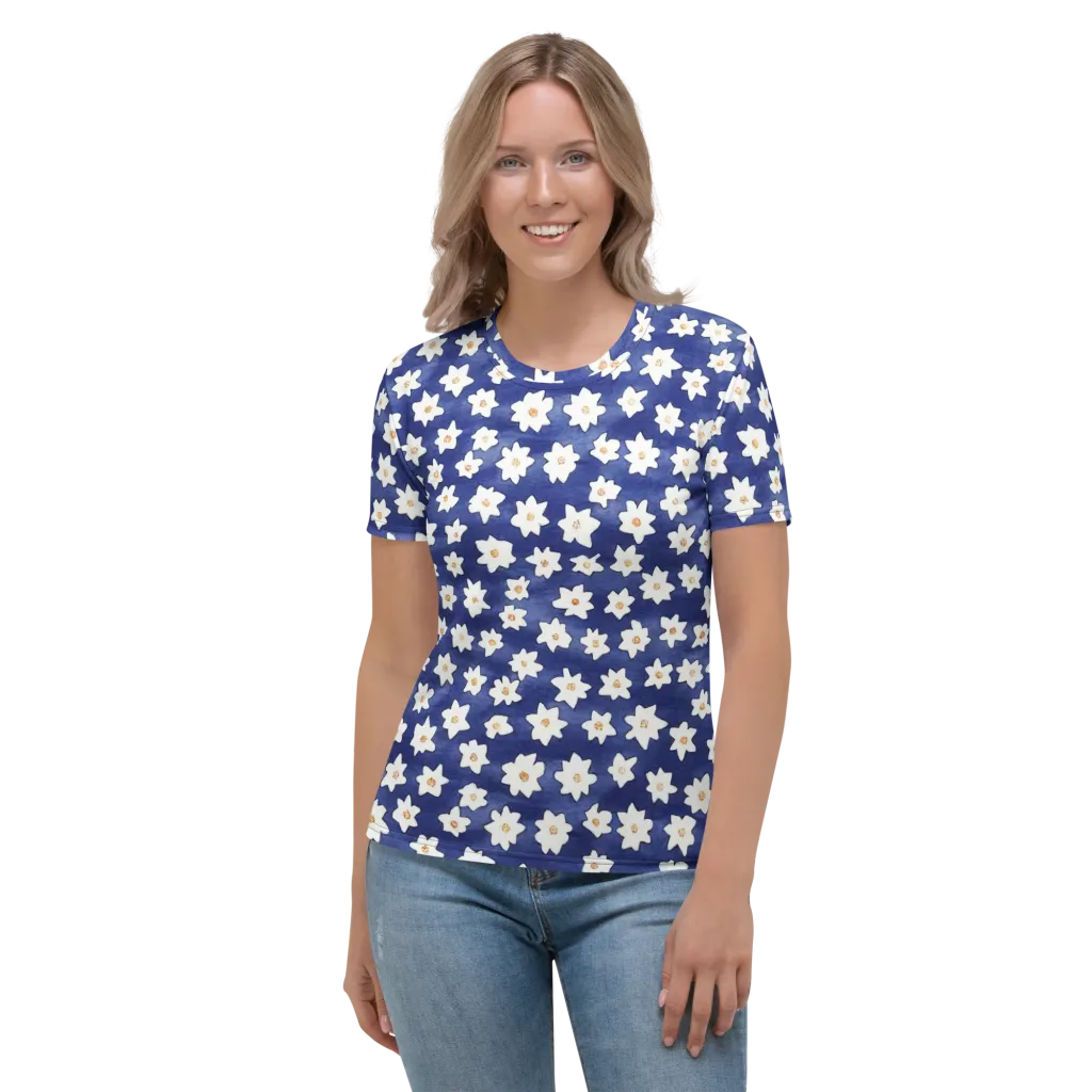 Indigo Blossom Drift on Women's Crew Neck T-Shirt — Front