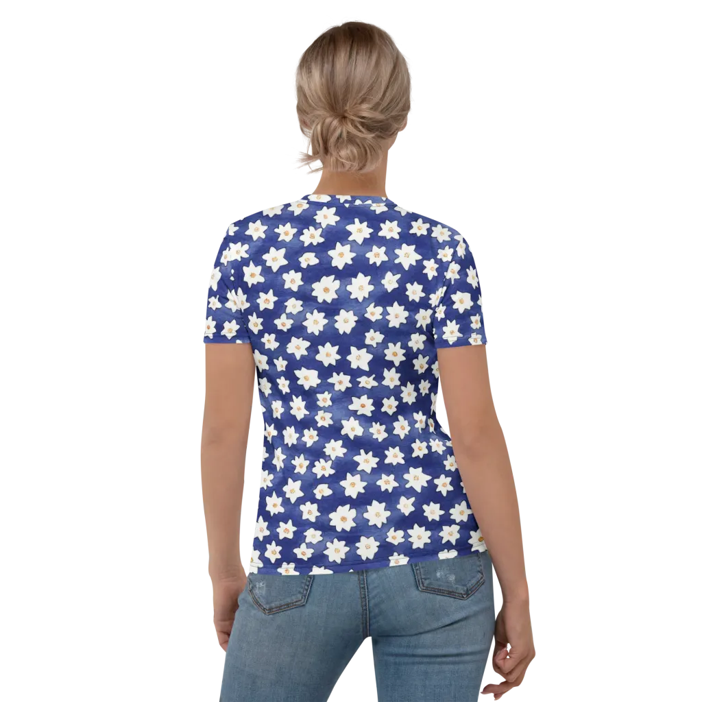 Indigo Blossom Drift on Women's Crew Neck T-Shirt — Back
