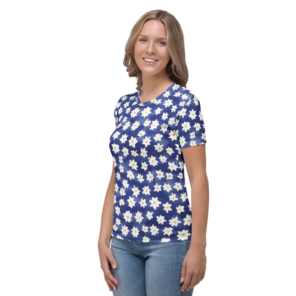 Indigo Blossom Drift on Women's Crew Neck T-Shirt — Left