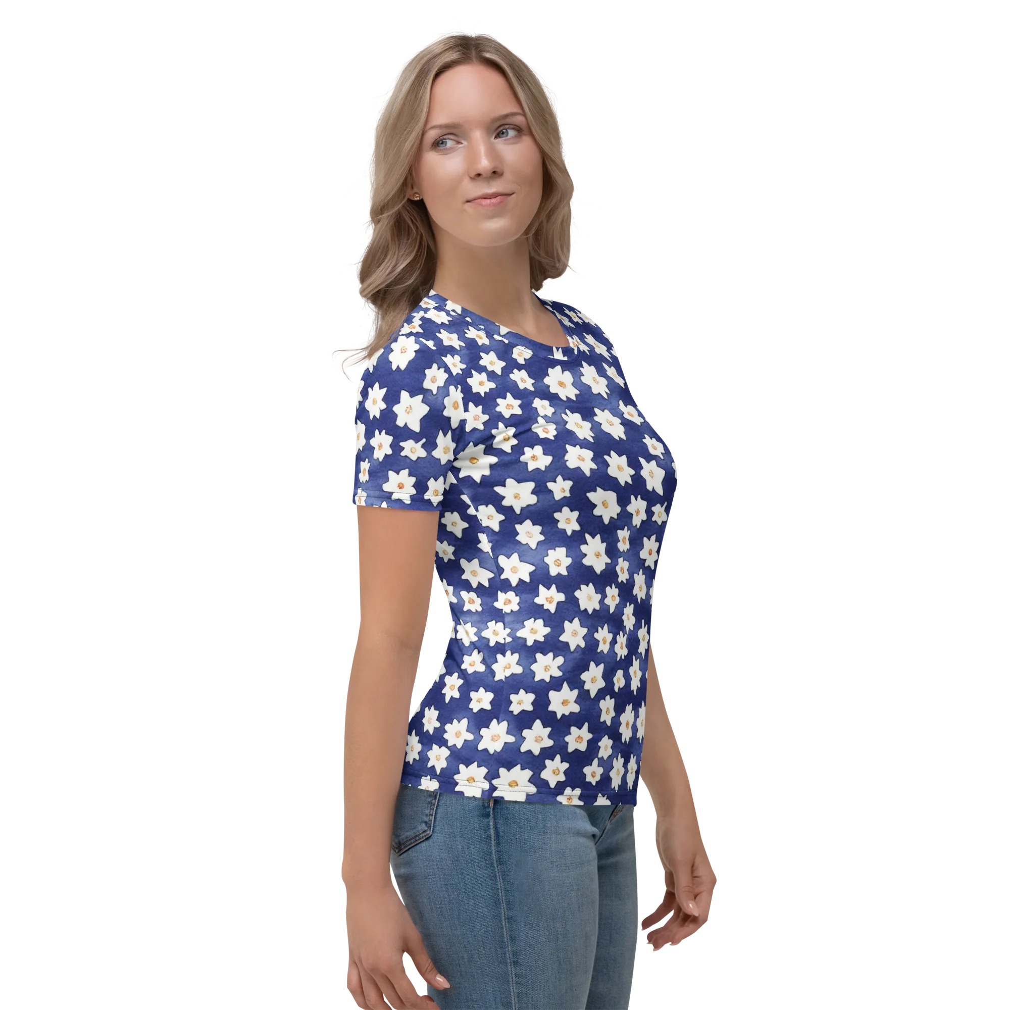 Indigo Blossom Drift on Women's Crew Neck T-Shirt — Right
