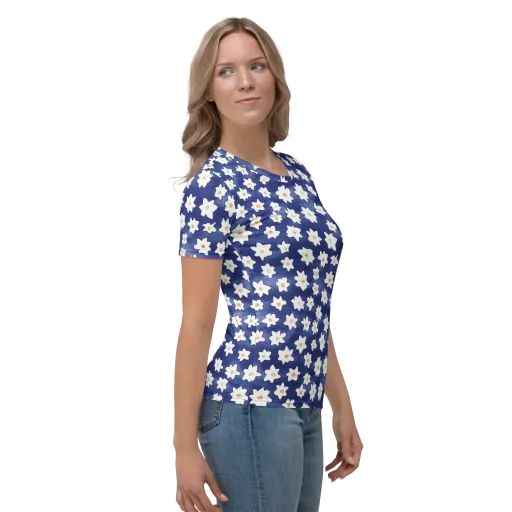 Indigo Blossom Drift on a Women's Crew Neck T-Shirt