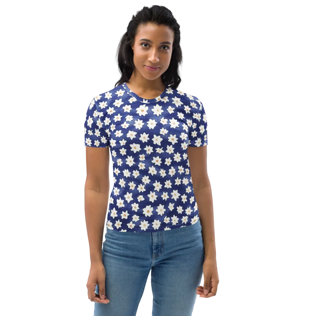 Indigo Blossom Drift on Women's Crew Neck T-Shirt — Front