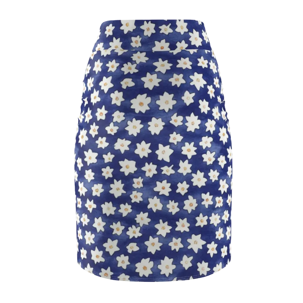 Indigo Blossom Drift on Pencil Skirt — Back