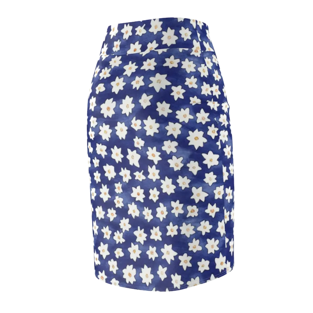Indigo Blossom Drift on Pencil Skirt — Back Side