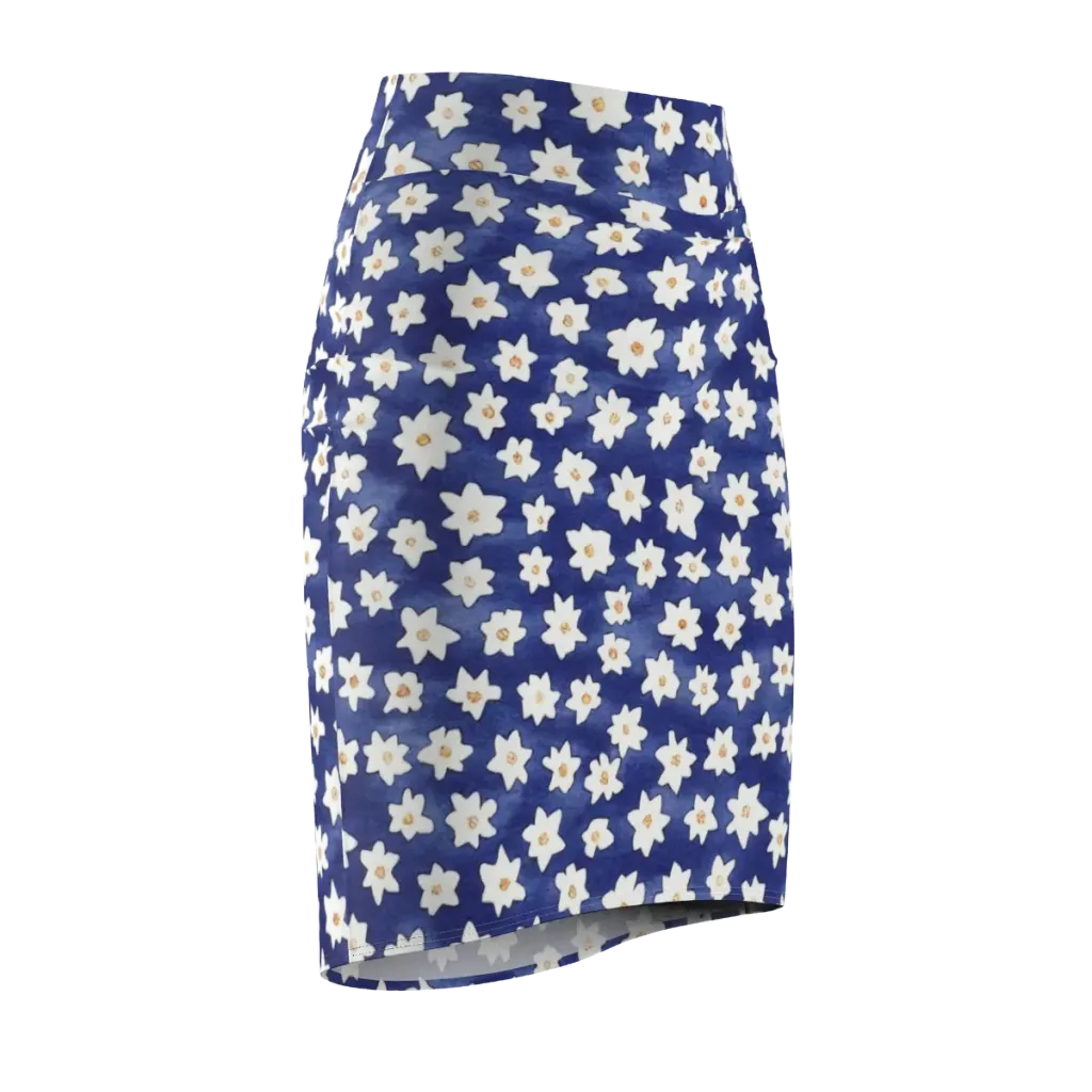 Indigo Blossom Drift on Pencil Skirt — Front Side