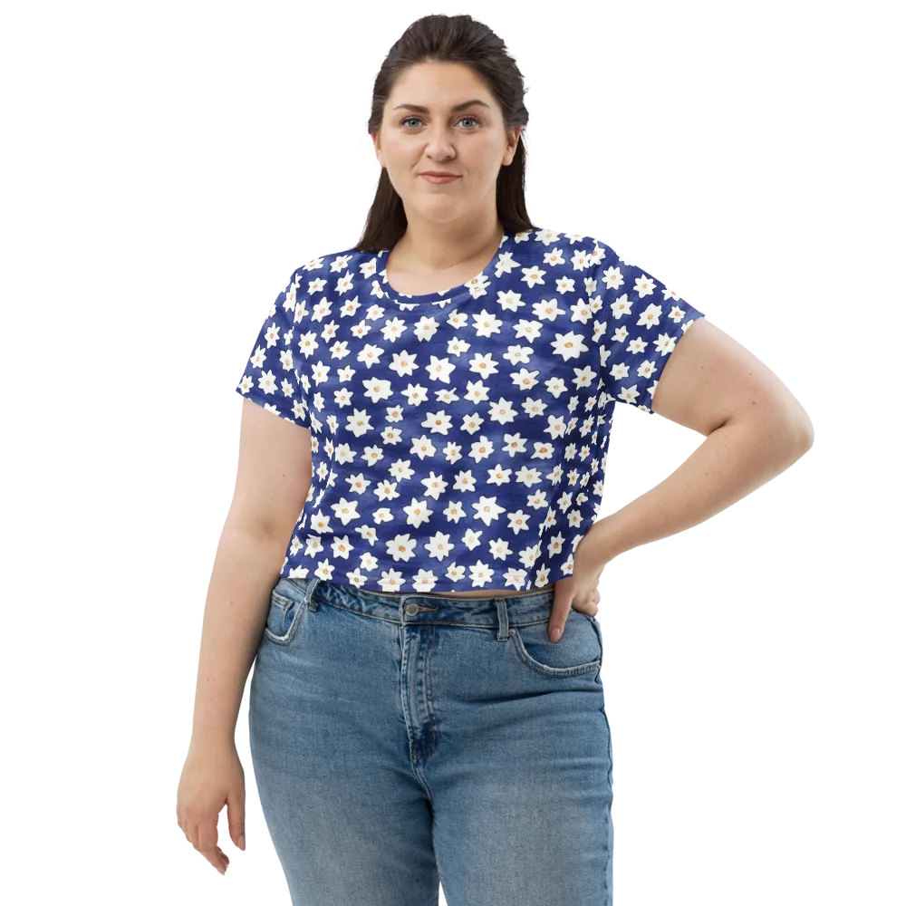 Indigo Blossom Drift on Crop Tee — Front