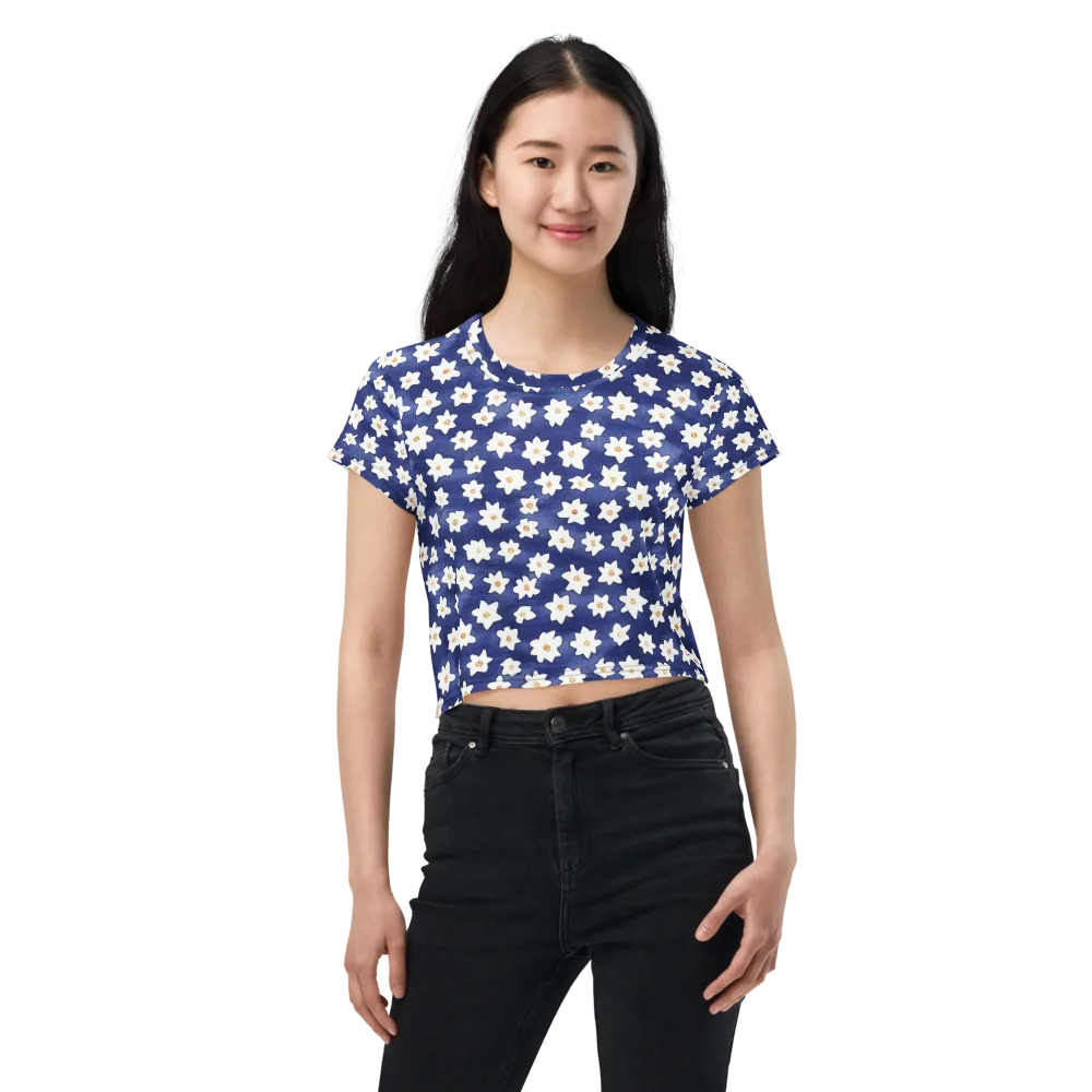 Indigo Blossom Drift on Crop Tee — Front