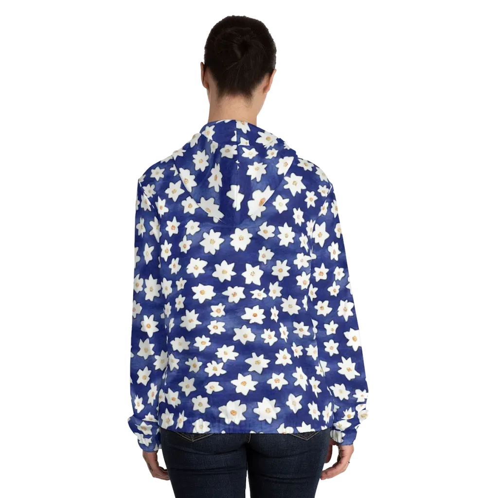 Indigo Blossom Drift on Women's Full-Zip Hoodie — Back On Person