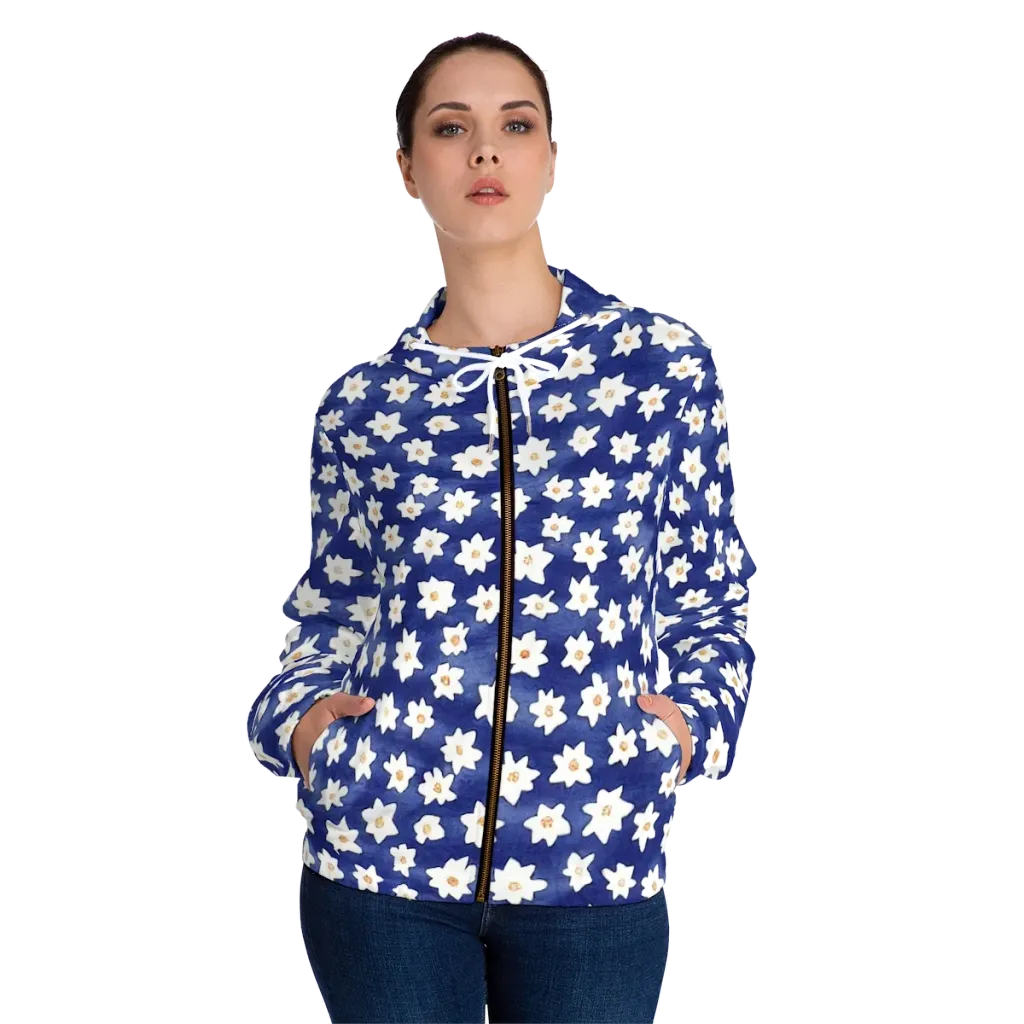 Indigo Blossom Drift on Women's Full-Zip Hoodie — Front On Person